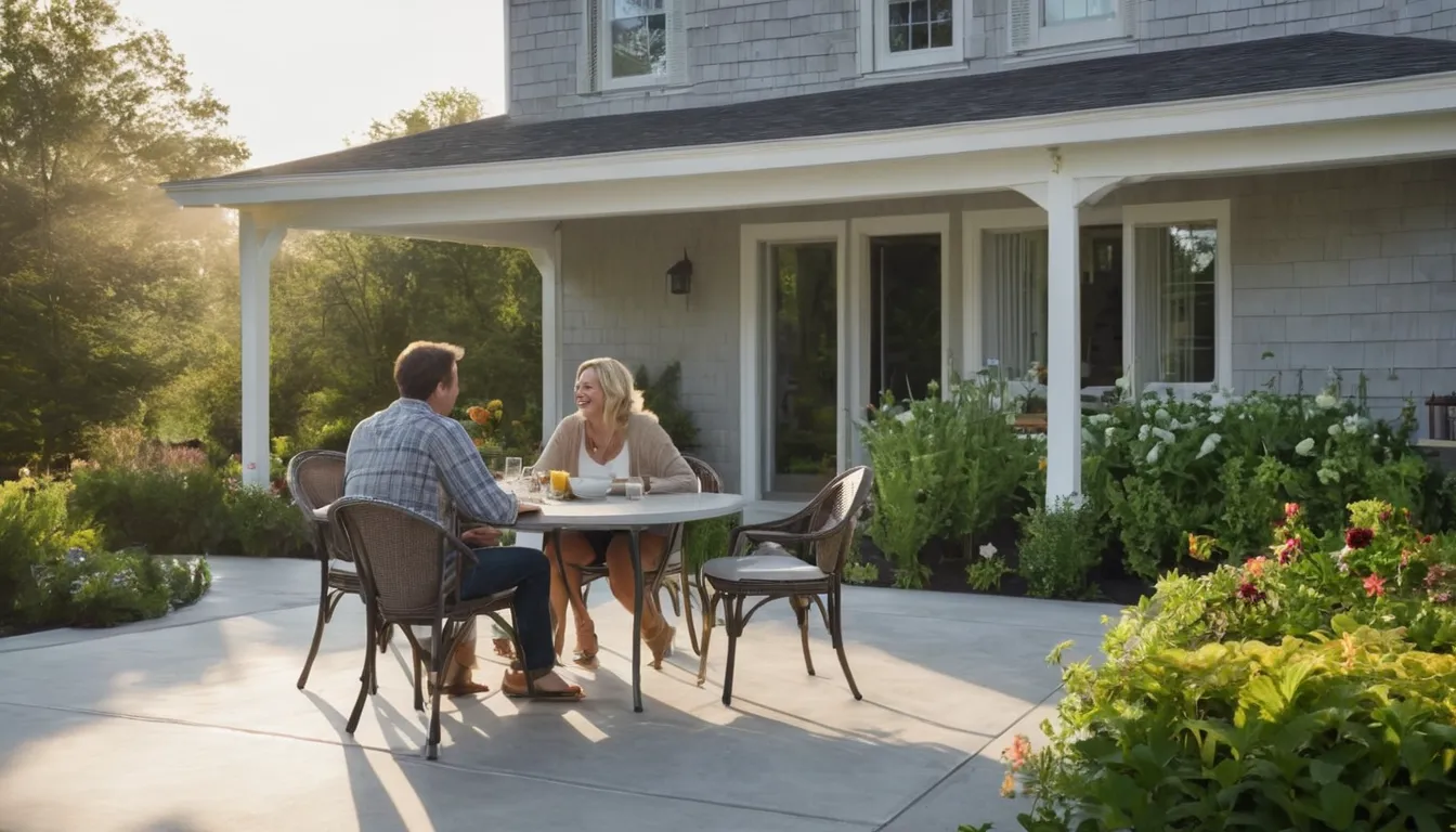 Homeowners relaxing on a new concrete patio behind a house in Hammonton