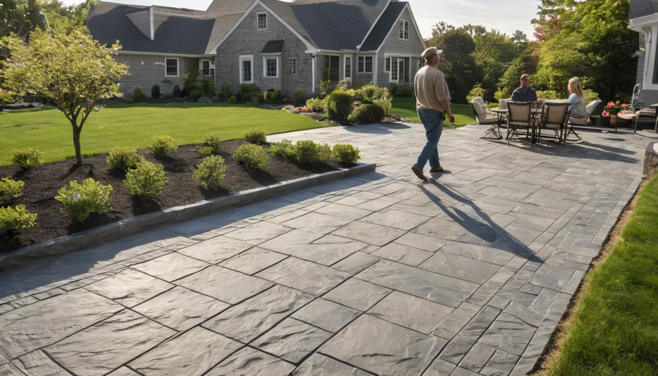 Newly finished stamped concrete patio with a stone pattern behind a home in the Hammonton area